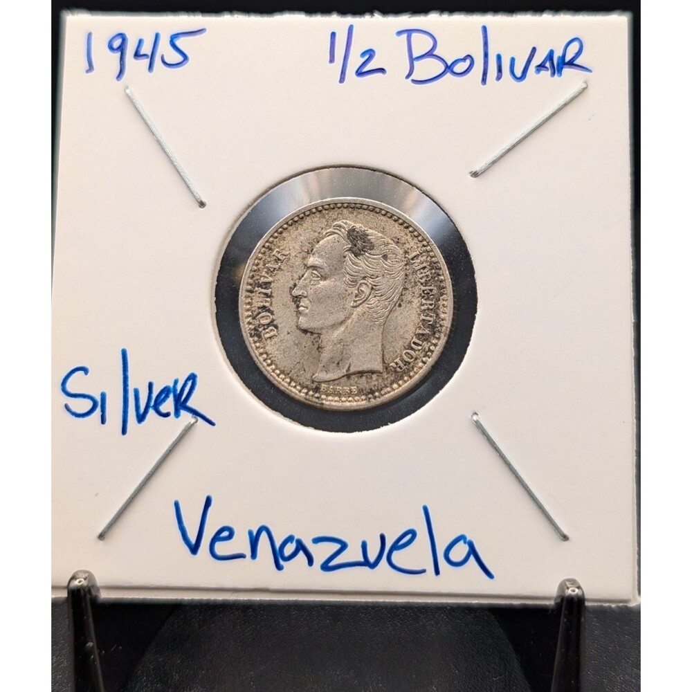 1945 Venezuela 1/2 Bolivar Silver Coin Collector Flip Vintage